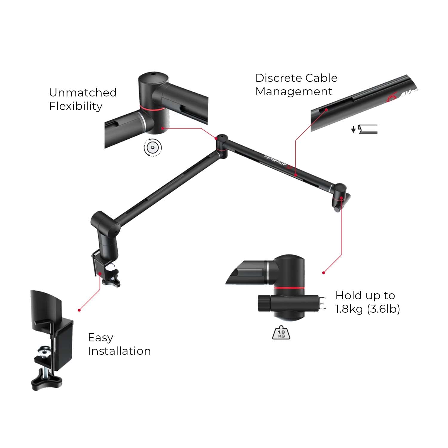 AVerMedia BA311 Live Streamer Arm, Fully Adjustable Boom Arm and Microphone Stand Suitable for 1/4 Inch or 5/8 Inch Mounting Opt